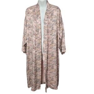 Vintage Pink Satin Kimono Robe Landscape Pagoda Print Duster‎ Long Dressing Gown